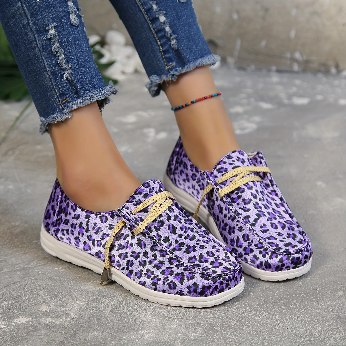 Purple Leopard Print Canvas Shoes Lightweight Lace Up Shoes