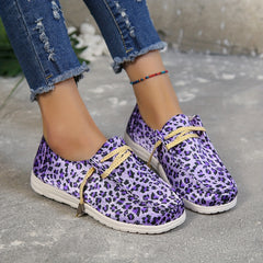 Purple Leopard Print Canvas Shoes Lightweight Lace Up Shoes