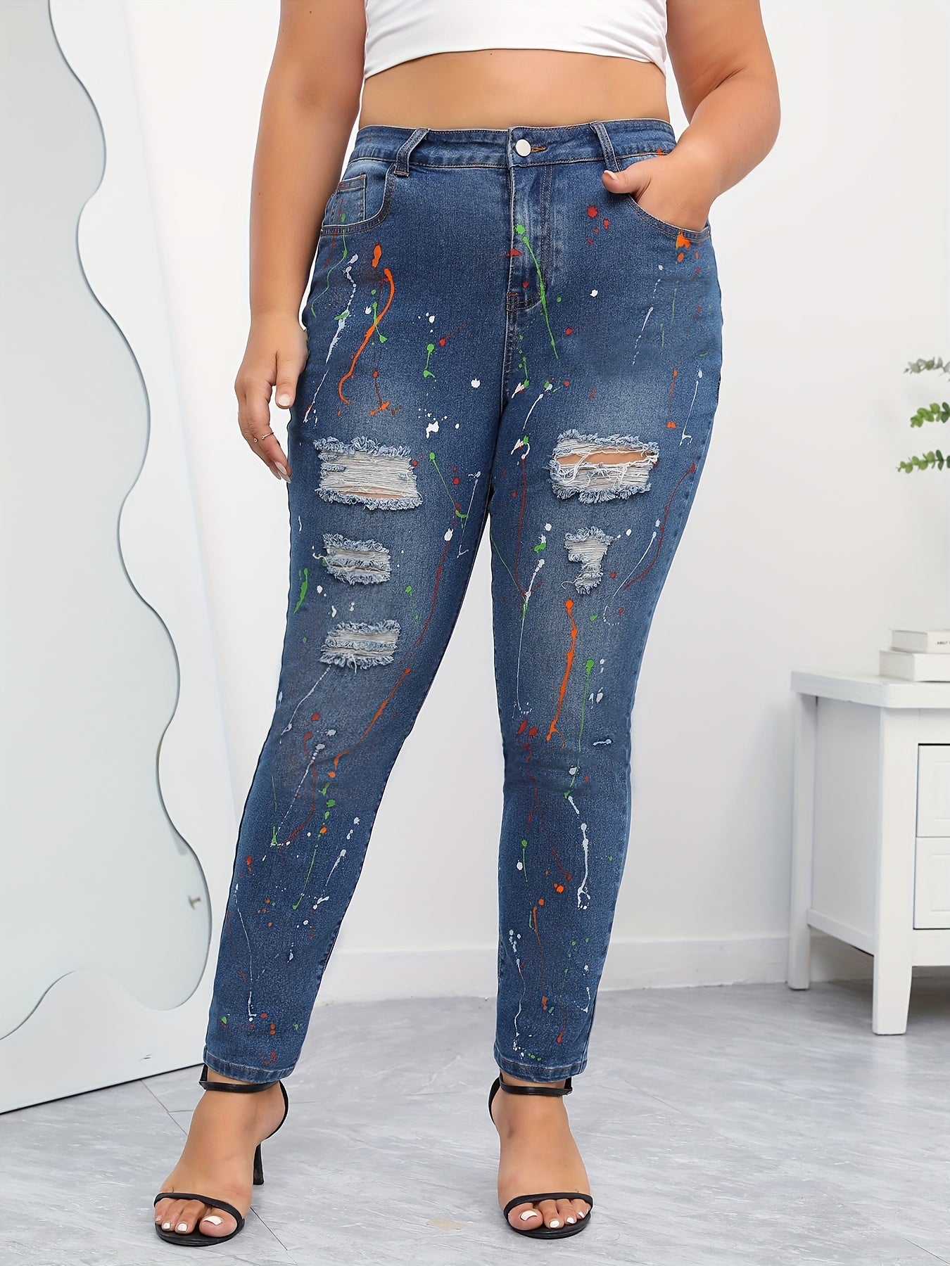 Splash Print Ripped High Rise Skinny Jeans