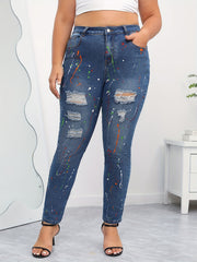 Splash Print Ripped High Rise Skinny Jeans