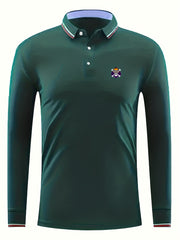 Spade & Skull Print Men's Lapel Polo Shirt Casual Long Sleeve Top