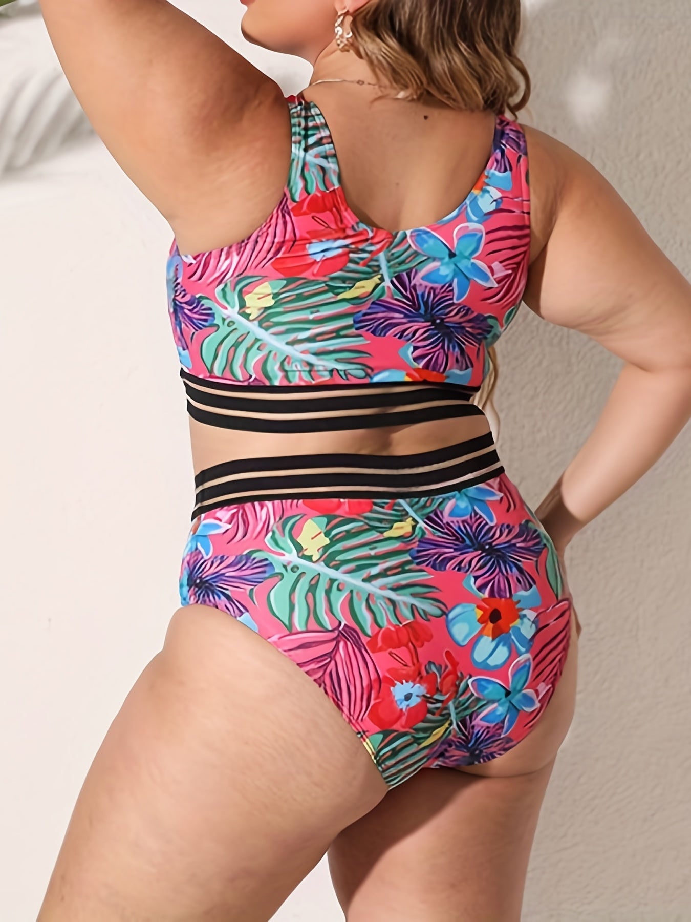 Tropical Print Mesh Swimsuit Set