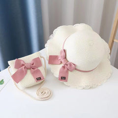 Girls Bow Decor Beach Straw Hat Sun Protection Sunshade Hat & Handbags Set