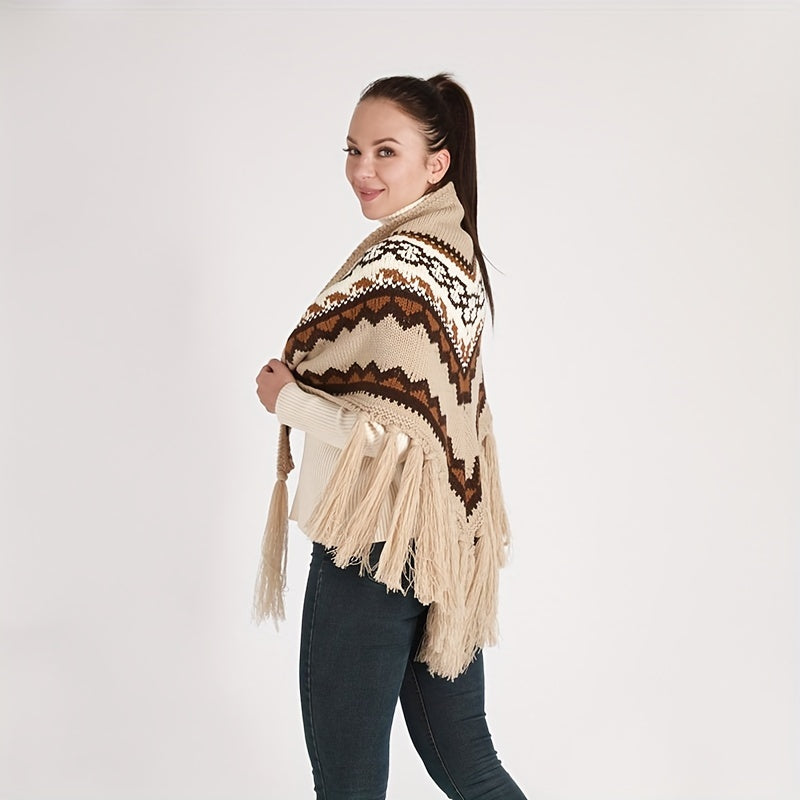 Beige Vintage Triangle Shawl Tassel Warm Wrap