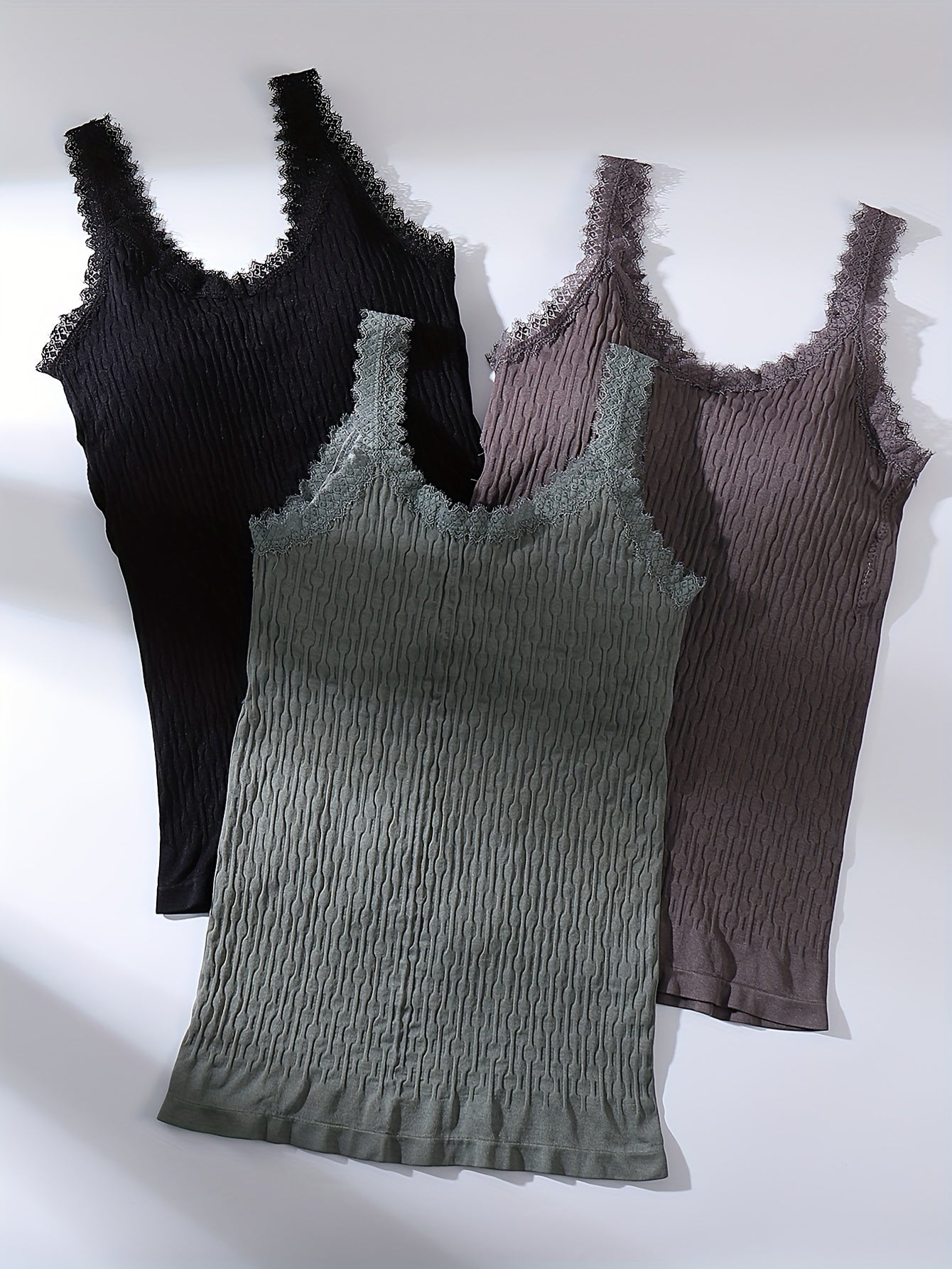 3pcs Lace Stitching Tank Tops V Neck Sleeveless Padded Top Women's Lingerie
