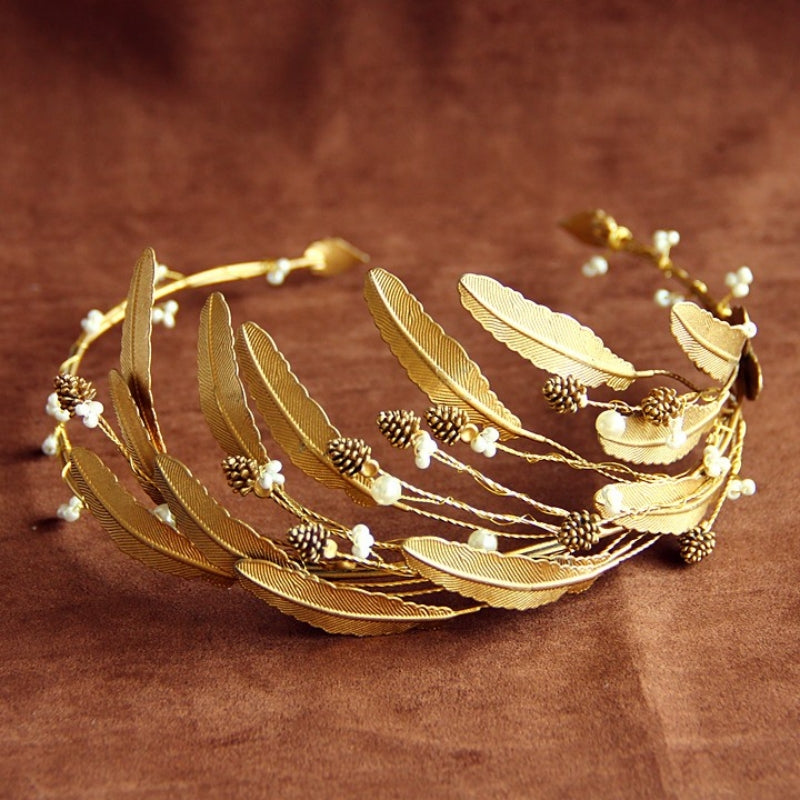 Golden Leaves Wedding Crown Pearl Bridal Crown Golden Headband