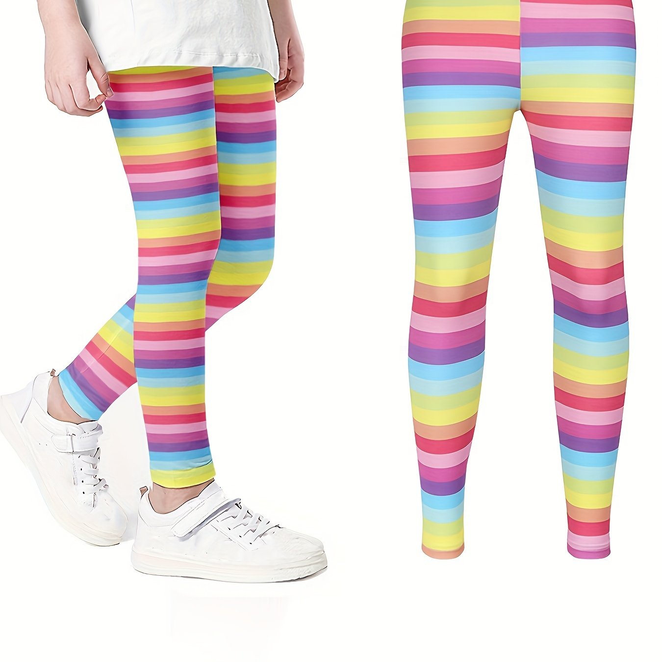Girls Casual Long Rainbow Stripes Leggings Pants