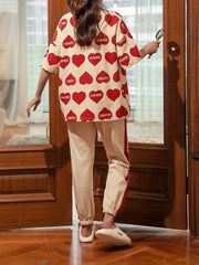 Heart Print Pajama Set Short Sleeve Crew Neck Top & Colorblock Pants