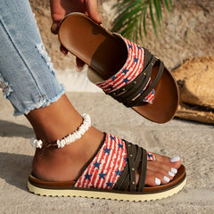 Patriotic Flip Flops Women Star & Stripe Rivet Detail Flat Slippers
