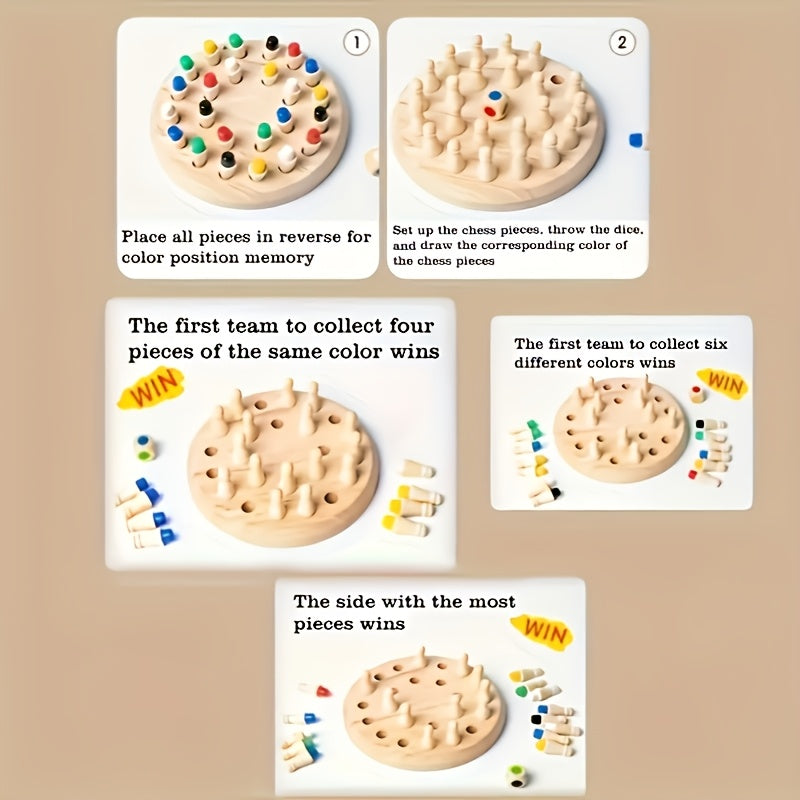 Wooden Family Memory Competition Game - Strategy Board with Colorful Pegs & Dice