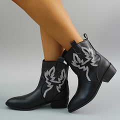 Women's Embroidery Western Boots Slip On Ankle Boots