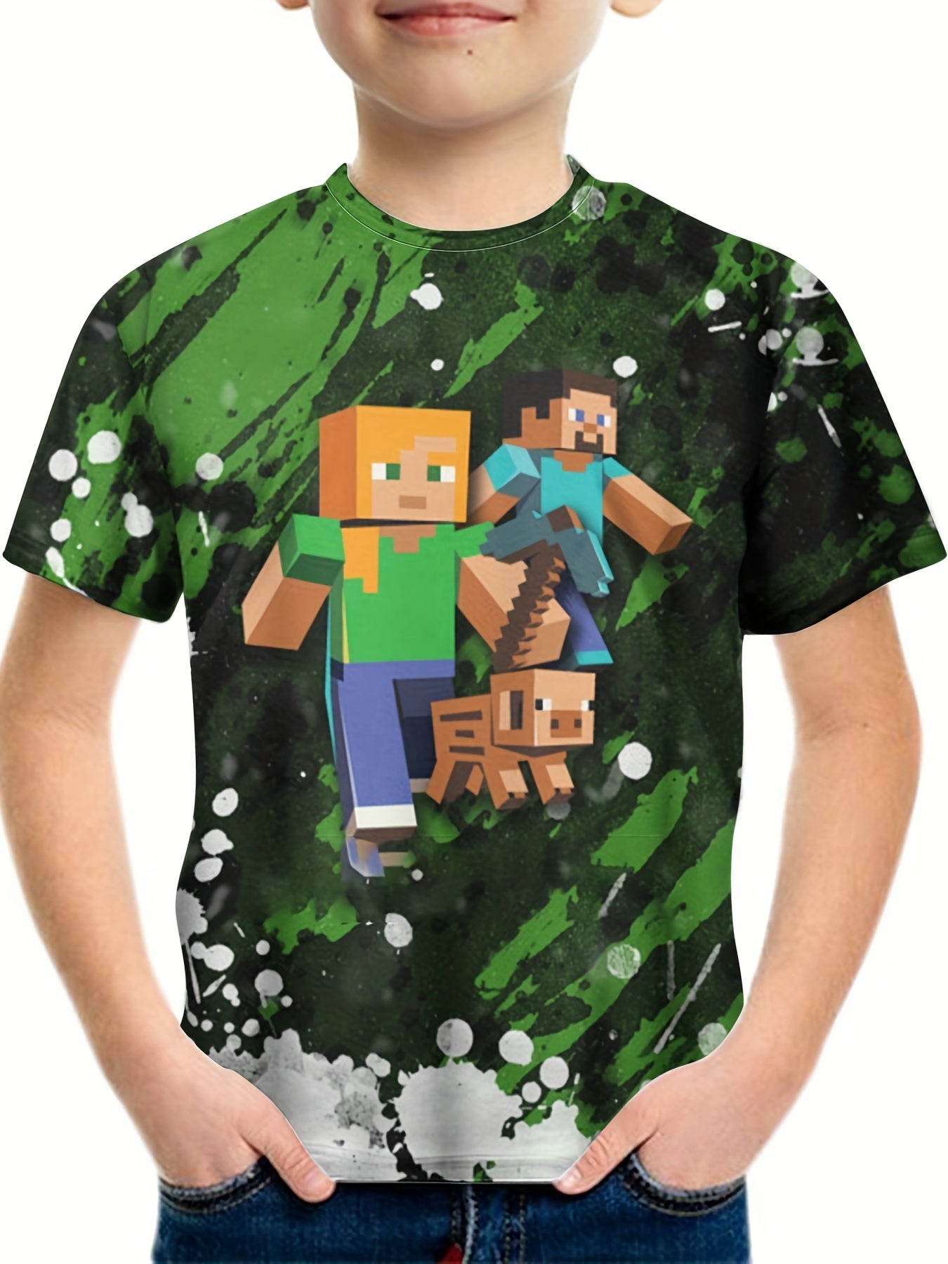 Boy's Cartoon Blocks Graphic Tee Casual Stretch Breathable Novel Shirt