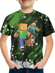 Boy's Cartoon Blocks Graphic Tee Casual Stretch Breathable Novel Shirt