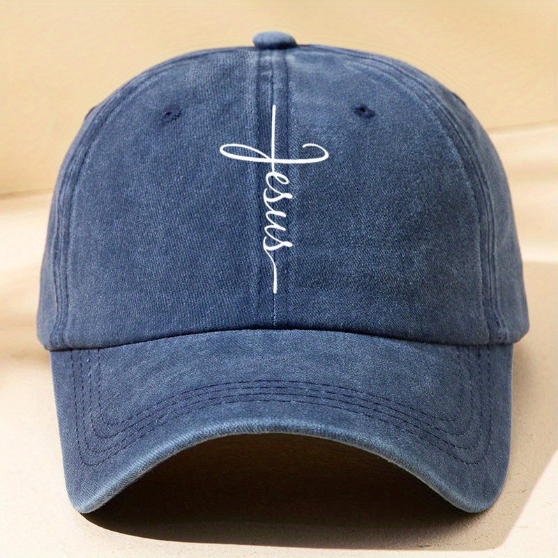 Faith Cross Print Baseball Cap Solid Washed Distressed Unisex Sun Hat