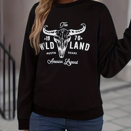 Bull Head Print Pullover Sweatshirt Crew Neck Fall Winter Womens Clothing