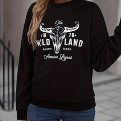 Bull Head Print Pullover Sweatshirt Crew Neck Fall Winter Womens Clothing