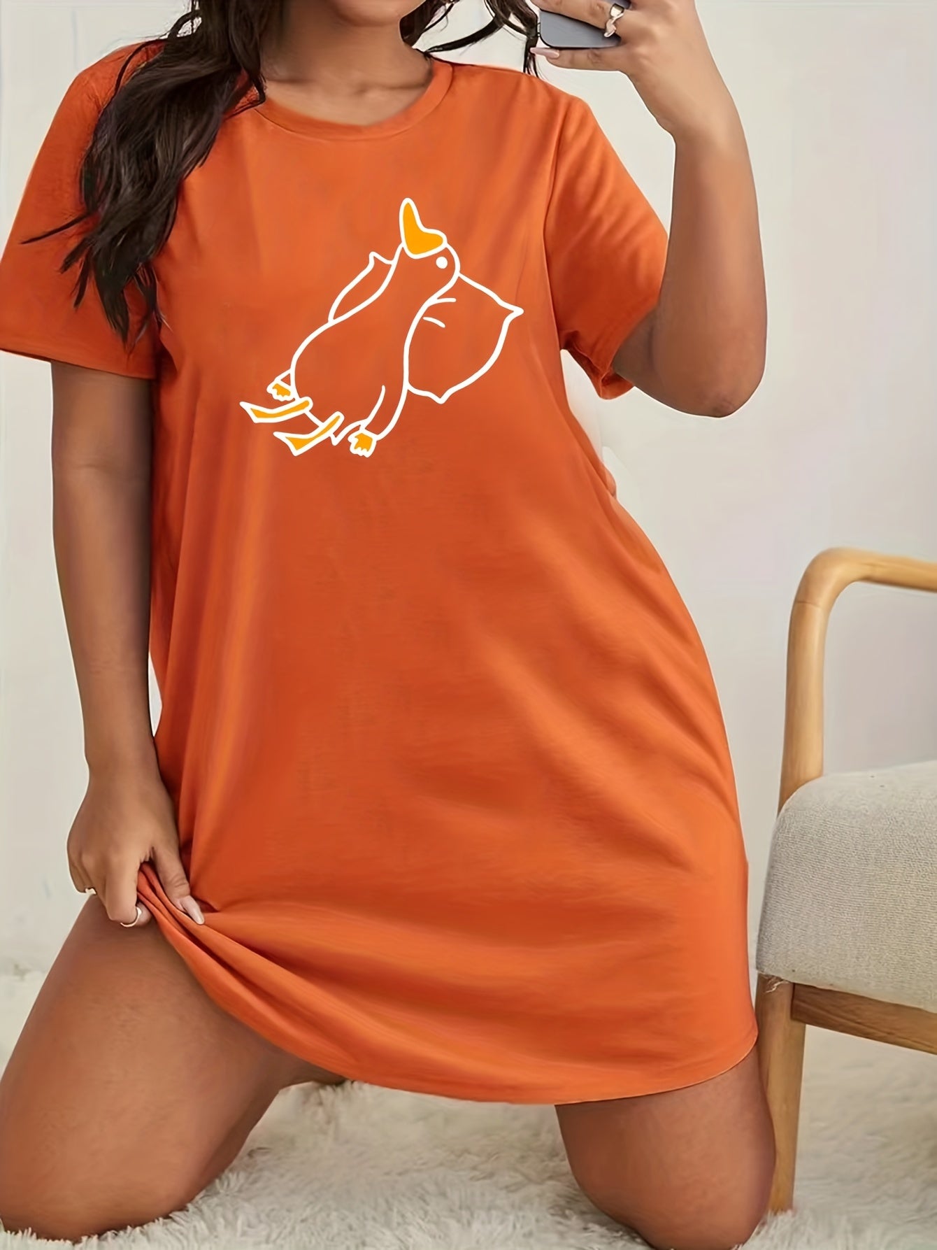 Duck Print Short Sleeve Round Neck Sleep Dress