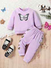 Solid Butterfly Printed Pullover Top & Trousers Suit