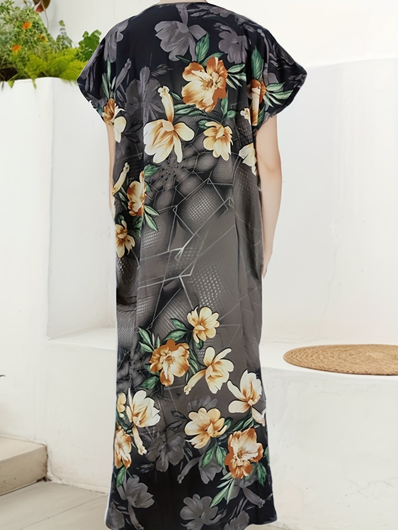 Floral Print Embroidered Bat Sleeve V Neck Maxi Jalabiya Dress