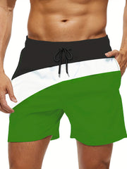 Block Pattern Print Men's Swim Trunks Quick Dry Drawstring Beach Shorts