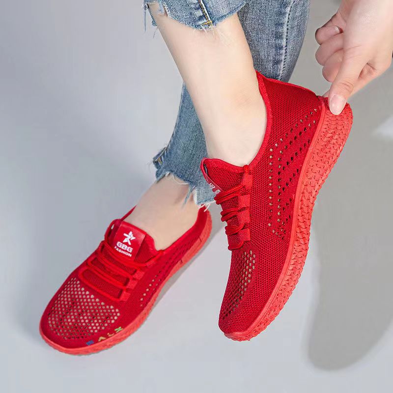 Women's Knitted Casual Shoes Breathable Lace up Non slip Running Shoes