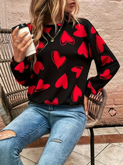 Heart Print Pullover Sweatshirt Crew Neck Long Sleeve for Spring & Fall