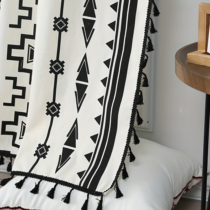 Boho Semi Blackout Curtain, Geometric Print, Tassel, Kitchen Living Room Bedroom
