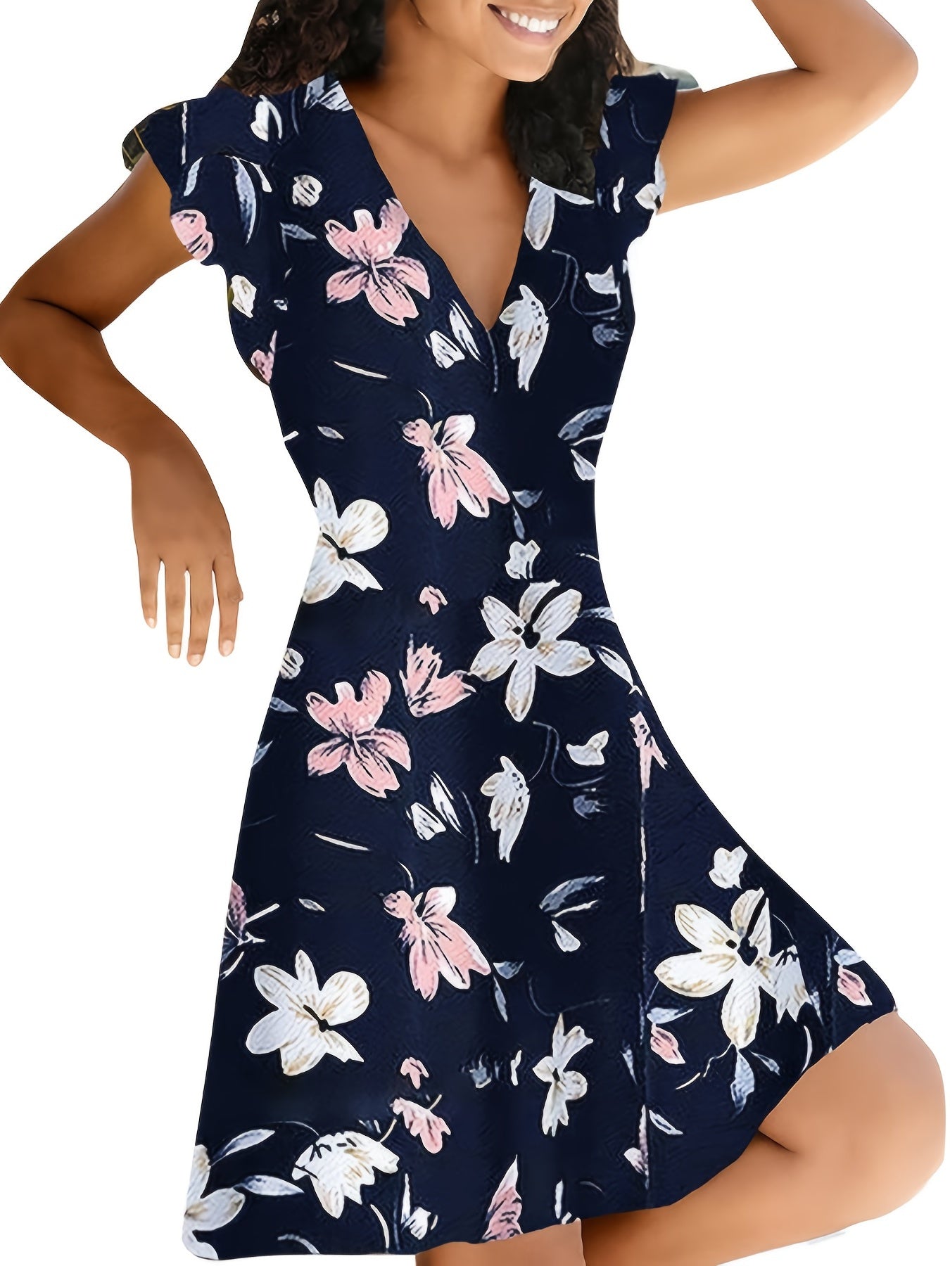 Floral Print V Neck Slim Dress Short Sleeve Casual Dress For Fall & Spring