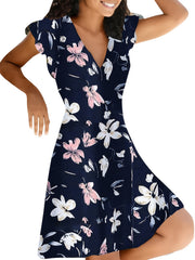 Floral Print V Neck Slim Dress Short Sleeve Casual Dress For Fall & Spring