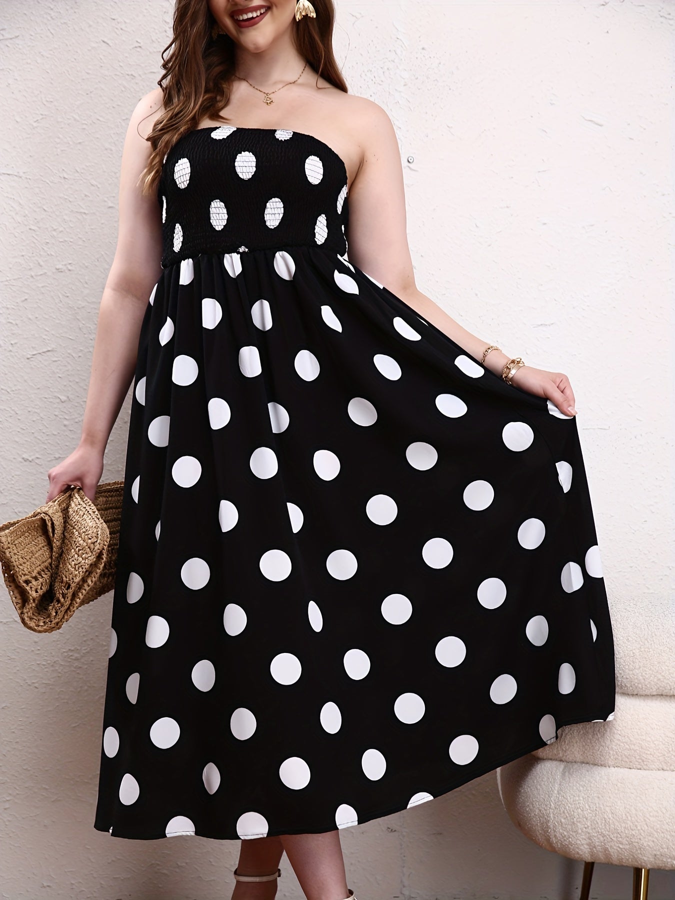 Boho Tube Dress Women's Plus Polka Dot Print Maxi Tube Dress