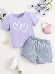 2pcs Toddler Girls Heart Graphic T Shirts & Track Shorts Set