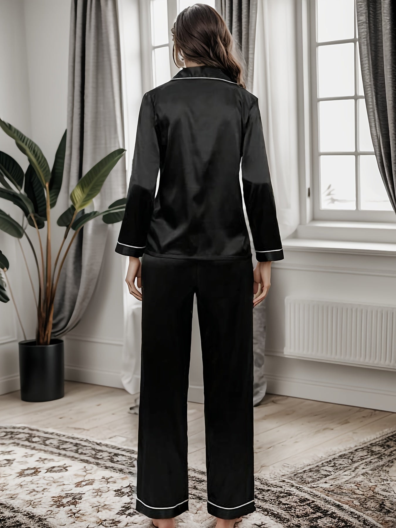 Satin Pajama Set Long Sleeve Top & Elastic Waist Pants Women's Sleepwear