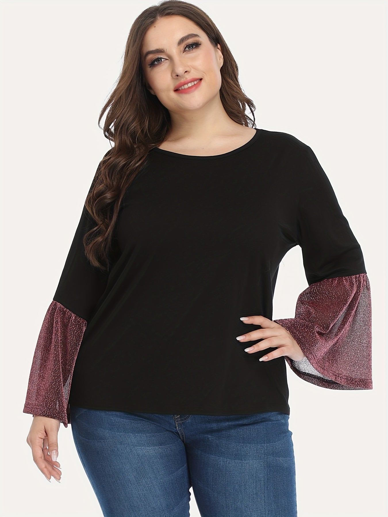 Colorblock Glitter Bell Sleeve Round Neck Top
