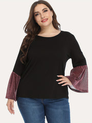 Colorblock Glitter Bell Sleeve Round Neck Top