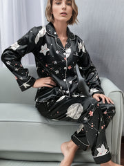 Starry Print Pajama Set Long Sleeve Buttons Top & Elastic Waistband Pants