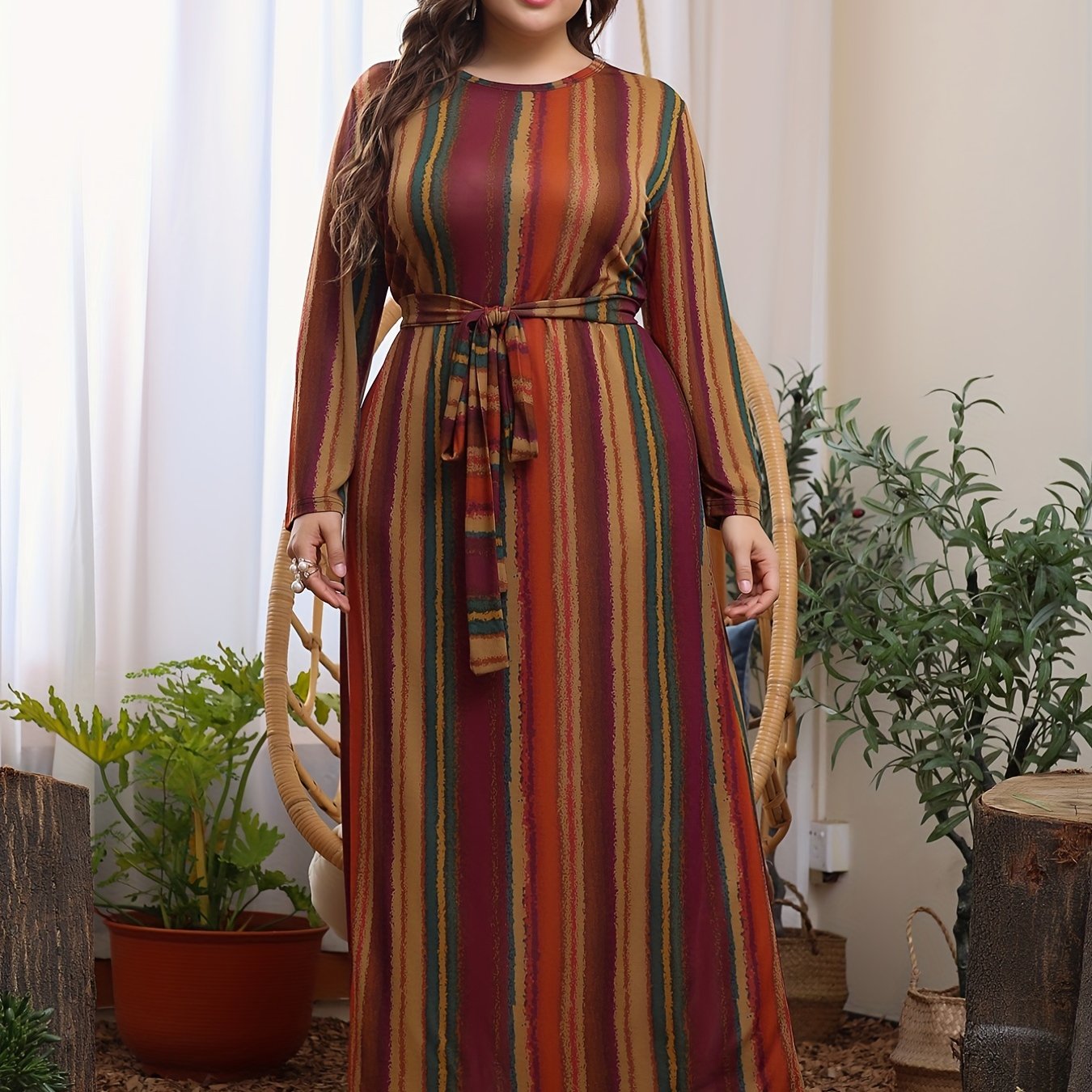 Colorblock Stripe Maxi Dress with Belt