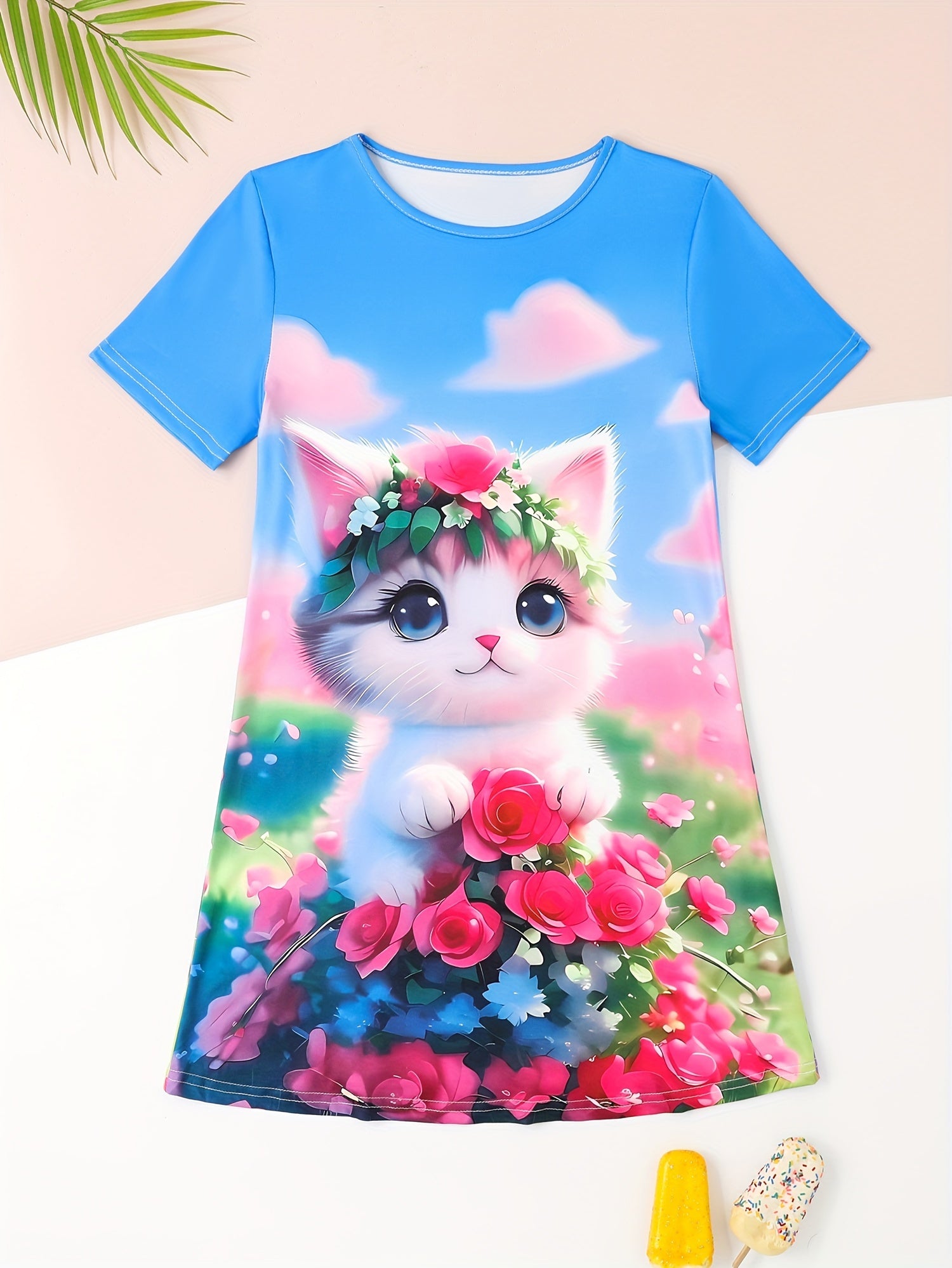 Sweet Flower Cat Print Crew Neck Short Sleeve Dress For Summer Party