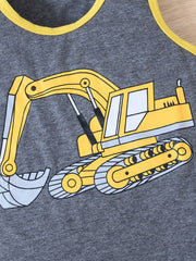 2pcs Excavator Print Tank Top & Shorts Set for Boys