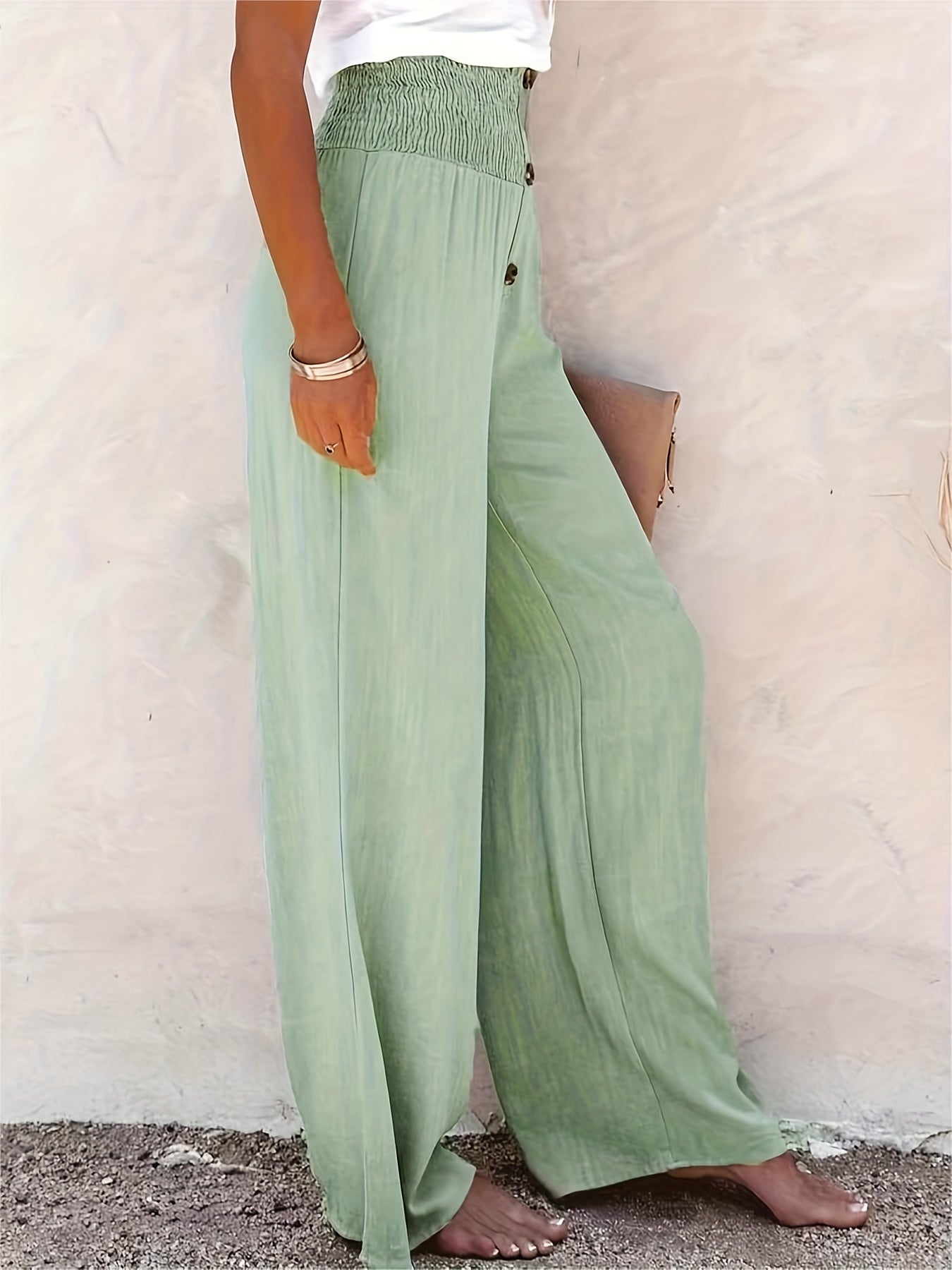 Smocked Waist Wide Leg Pants Women's Clothing