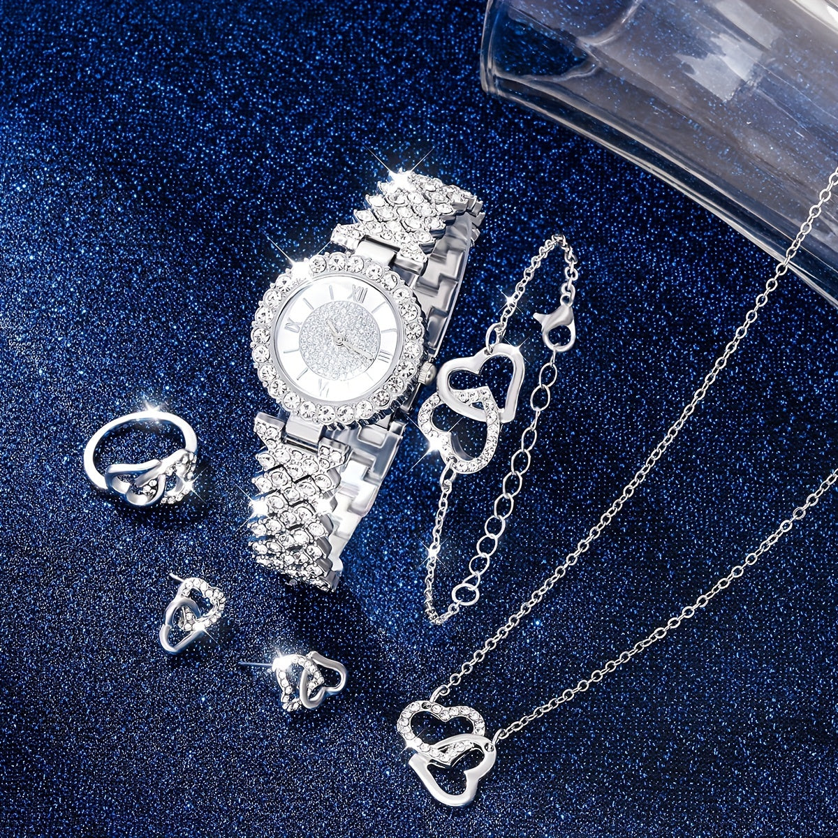 Kids Rhinestone Watch & Jewelry Set, Roman Digital Analog, 5pcs