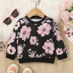 Baby Girls Autumn Floral Ribbed Neck Tops Long Sleeve Blouse Sweatshirt