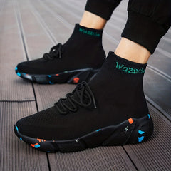 Men's High Top Breathable Sock Shoes Lace Up Woven Knit Sneakers