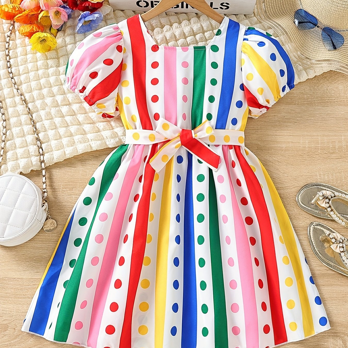 Little Girls' Rainbow Stripe Short Sleeve Dress Party Vacation Kids Clothes