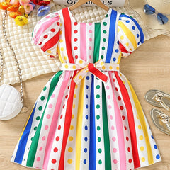 Little Girls' Rainbow Stripe Short Sleeve Dress Party Vacation Kids Clothes