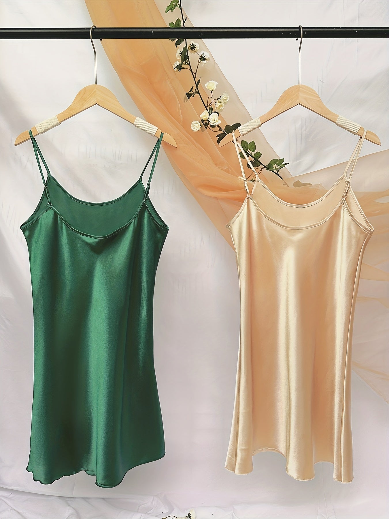 2pcs Satin Sleep Dresses Crew Neck Nightdress Women's Sleepwear