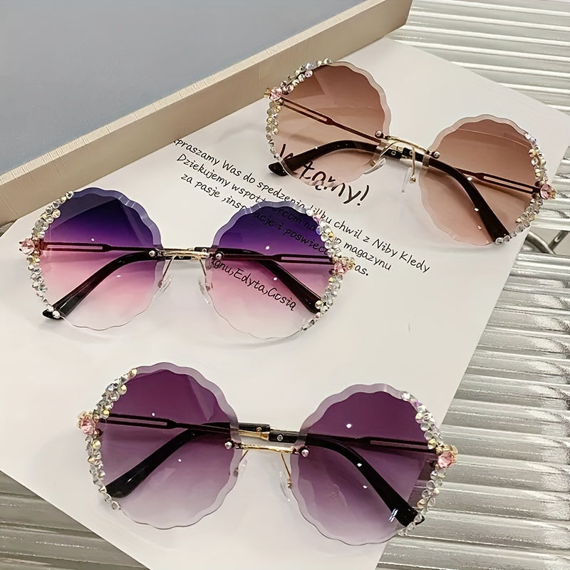 Rhinestone Decor Rimless Sunglasses Gradient Lens Flower Shaped Round Glasses