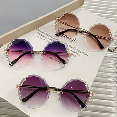 Rhinestone Decor Rimless Sunglasses Gradient Lens Flower Shaped Round Glasses