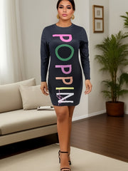 Casual Dress Women's Plus Letter Print Long Sleeve Round Neck Mini Dre