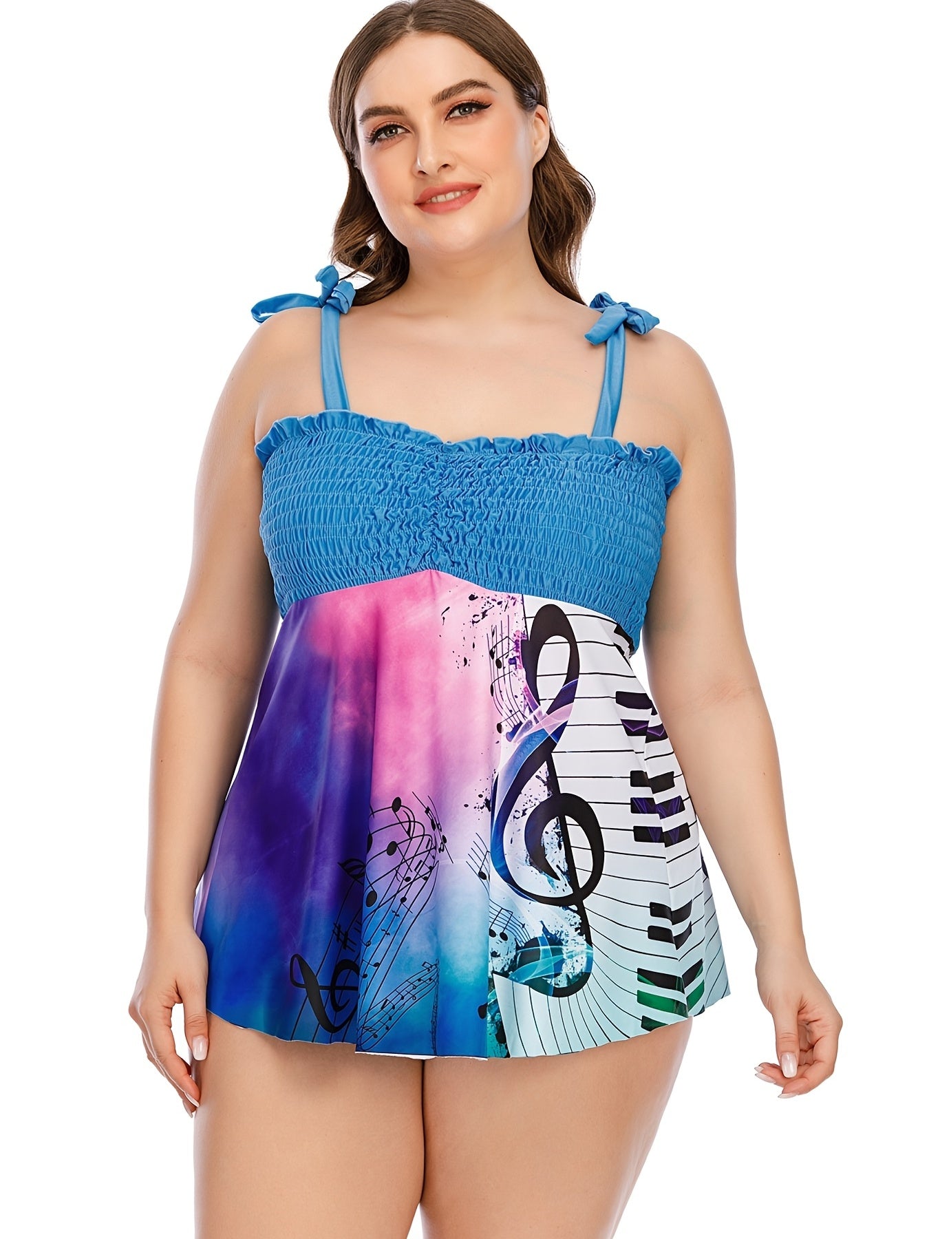 Tie Dye Graphic Print Shirred 2pcs Swimsuit Set