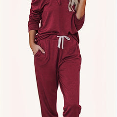 Women's Solid Button Top & Drawstring Pocketed Pants Set